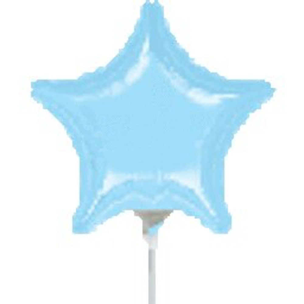 Pastel blue 4-inch star-shaped foil balloon with a smooth, shiny surface and a small white stem for inflation.