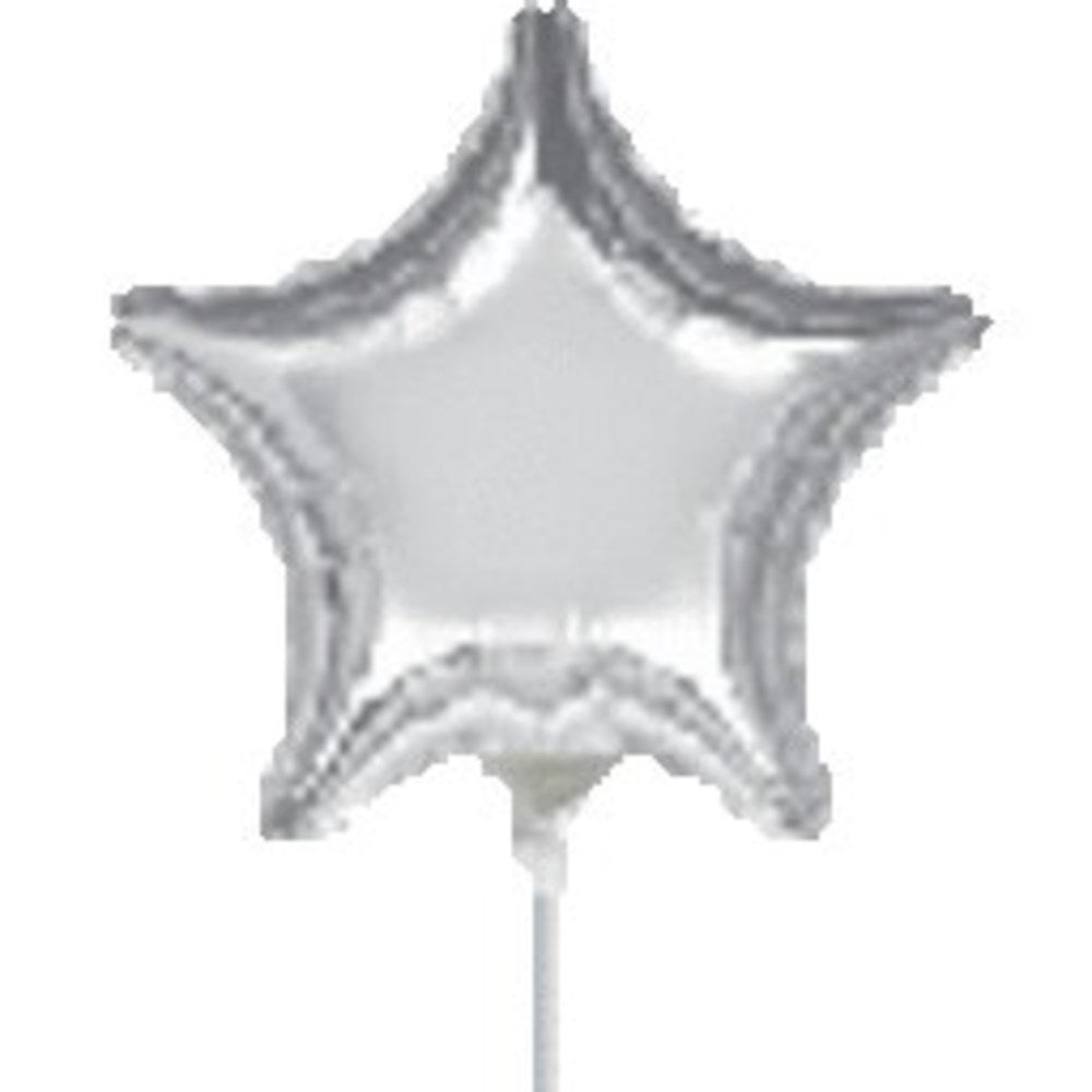 Small silver foil balloon shaped like a five-pointed star with a flat surface and a short stem at the bottom.