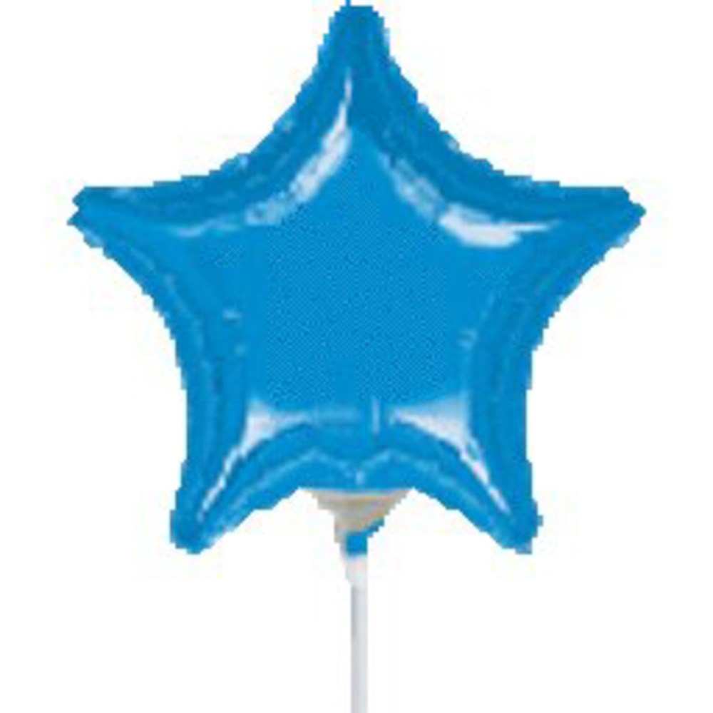 Royal blue, 9-inch star-shaped foil balloon with glossy finish and hanging stick attached.
