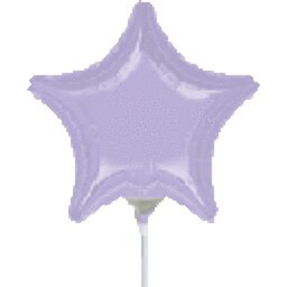 Pastel lilac star-shaped flat balloon with a glossy surface and a white balloon stick attached.