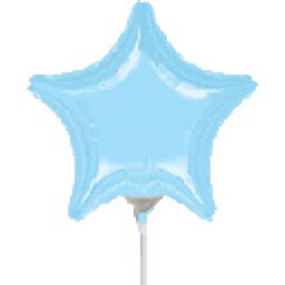Pastel blue 9-inch flat star-shaped foil balloon with a glossy finish and white stick holder.