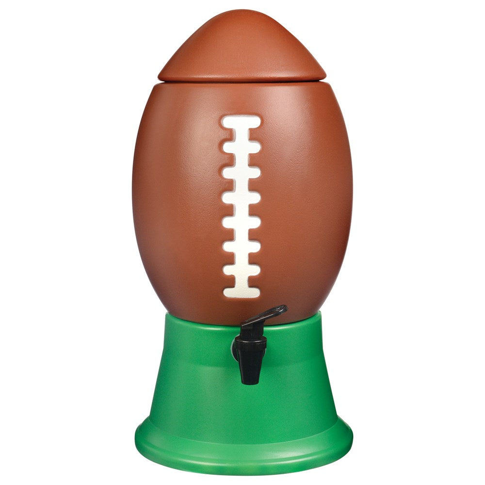 Brown football-shaped beverage dispenser with white laces detail and green base with black spout.