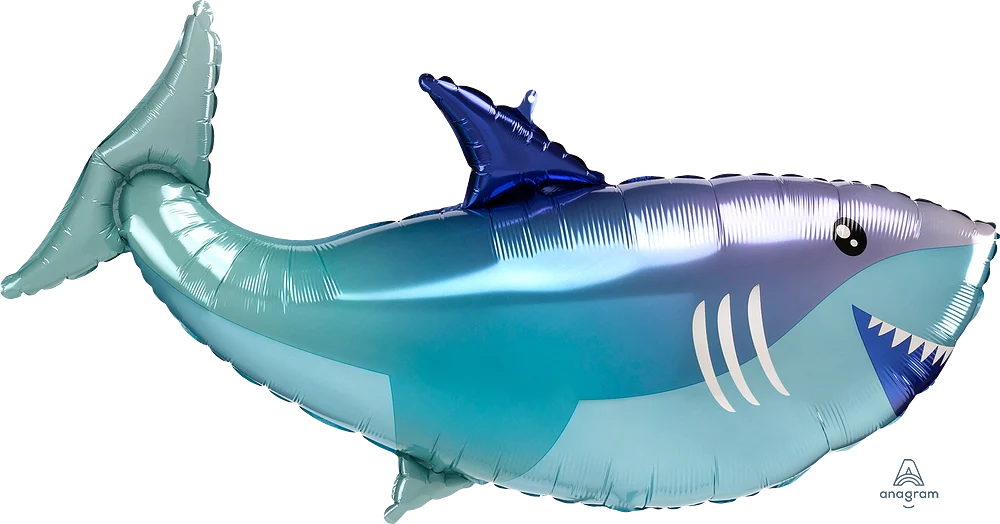 38-inch metallic foil balloon shaped like a blue and silver shark with fins and teeth details.
