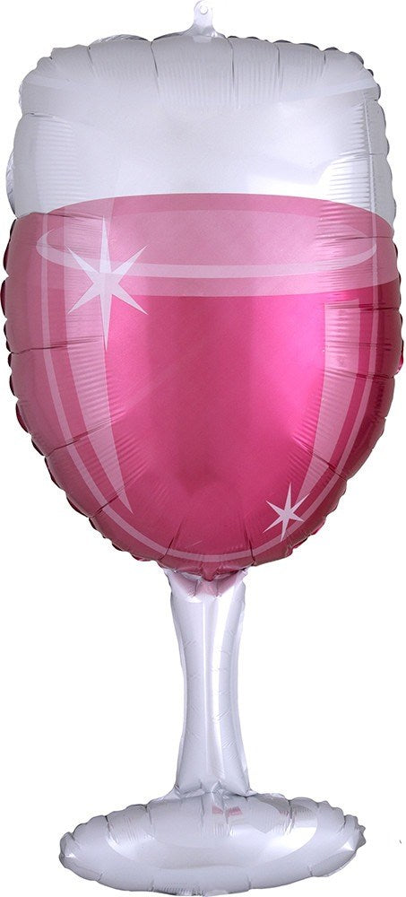 31-inch rose pink foil balloon shaped like a wine glass with white highlights and a silver stem.