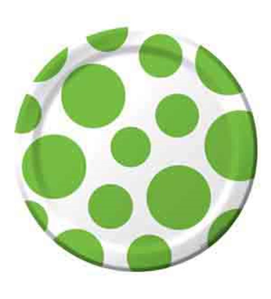 White 7-inch round plate with large and small bright lime green polka dots.