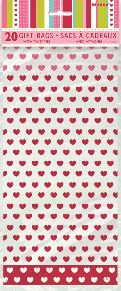 Clear cello bag with a repeating pattern of small red hearts and a red scalloped edge at the bottom.
