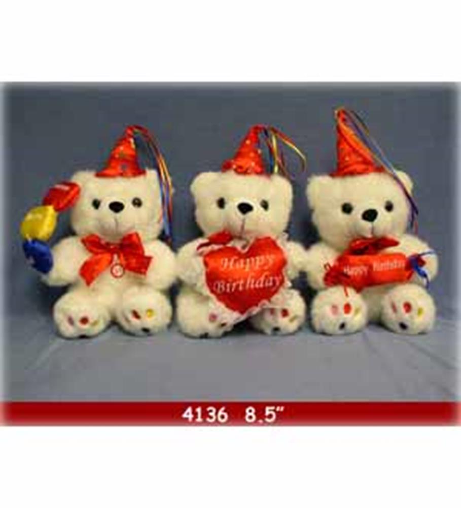 Three white plush bears wearing red party hats and bows, each holding a red heart or colorful balloon, birthday-themed.