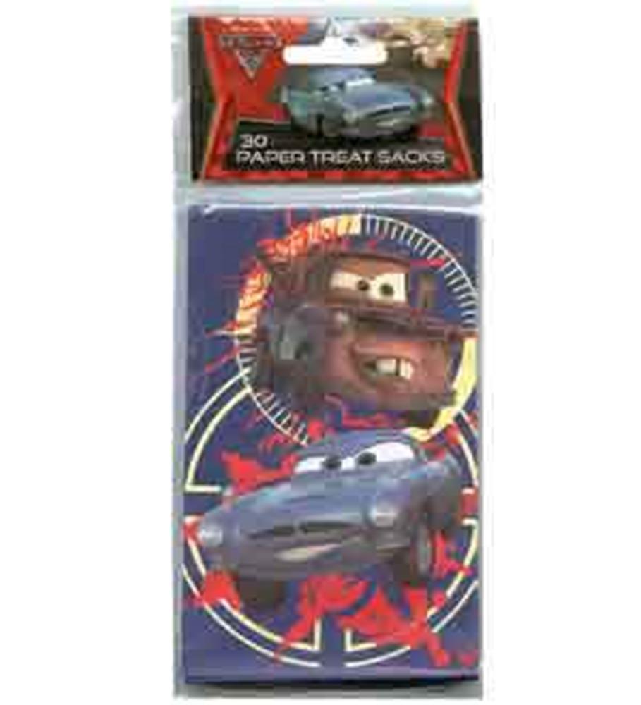 Disney Cars-themed paper treat sacks featuring Lightning McQueen and Mater with red and blue accents, 30 count pack.