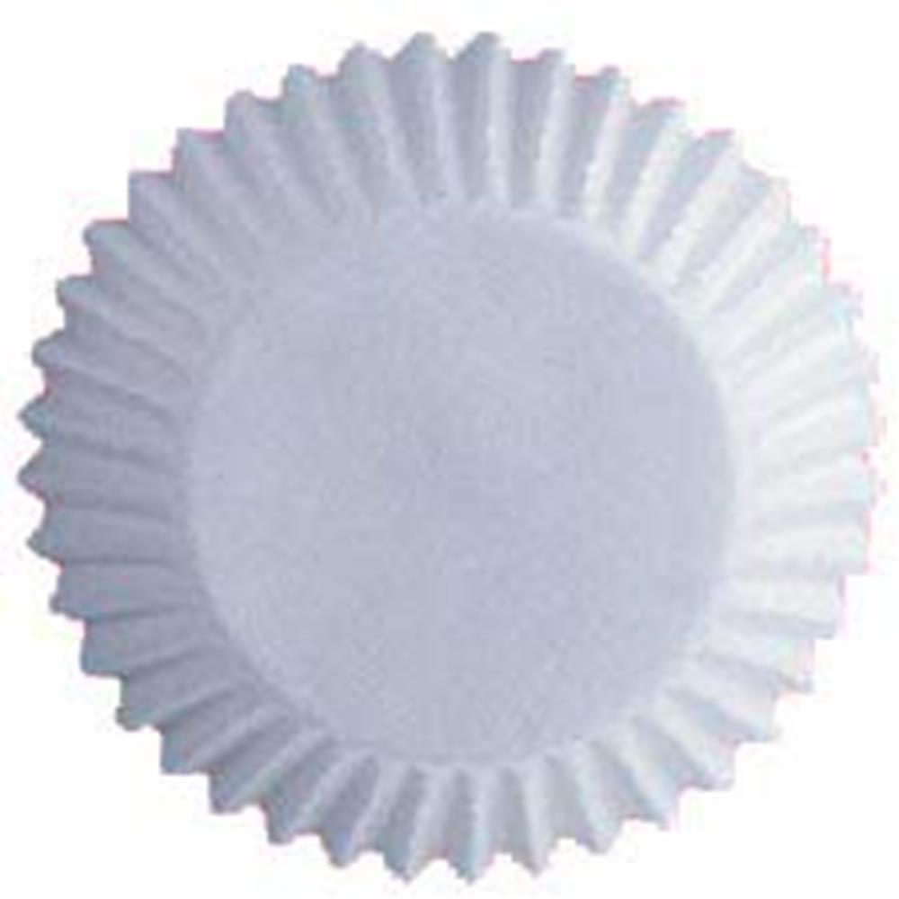 White jumbo-sized fluted paper baking cup with a round base and pleated sides.