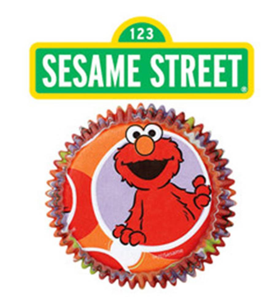 Colorful cupcake liner featuring Elmo from Sesame Street on an orange background with polka dots.