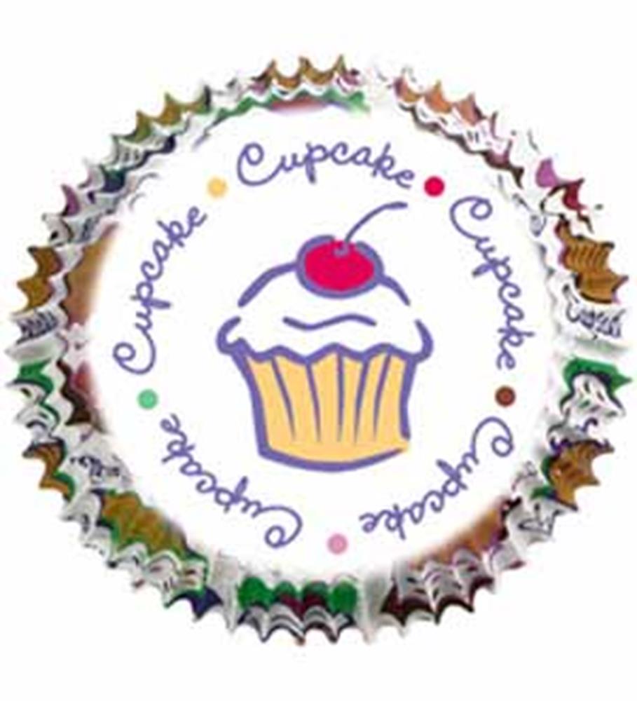 Round baking cup with scalloped silver foil edges, white interior featuring a yellow cupcake with purple frosting and a red.