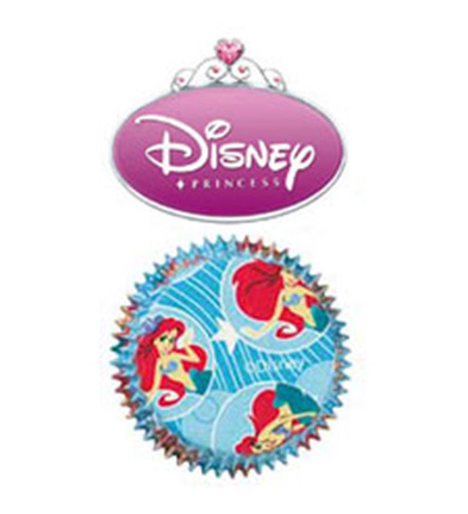 Blue cupcake liners featuring colorful Ariel the Little Mermaid designs and seashell patterns.