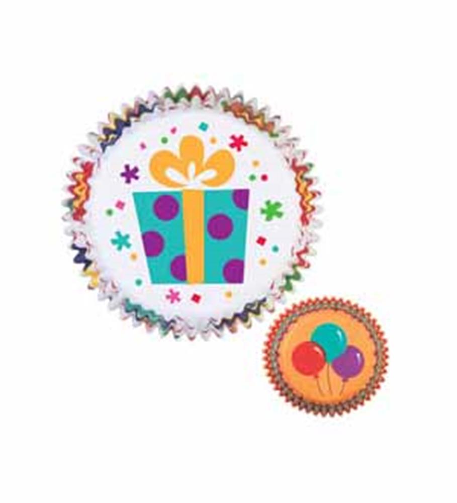 Colorful round baking cups featuring festive gift box and balloon designs with scalloped edges.