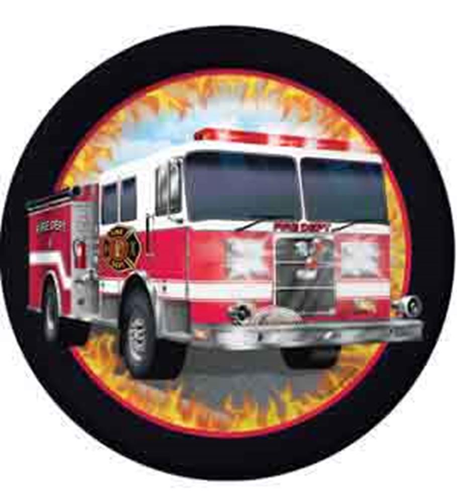 Round black paper plate featuring a red fire truck with flashing lights and flames around the edge.