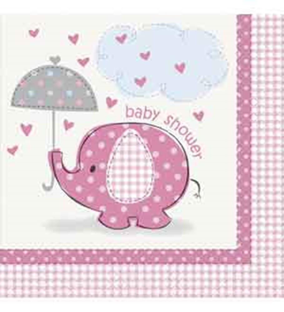 Pink elephant with polka dots holding a gray umbrella with pink hearts on white napkin.