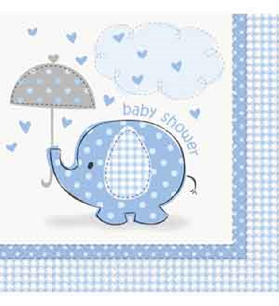 Blue paper napkin with a polka-dot elephant holding a polka-dot umbrella, clouds, and hearts, bordered with blue gingham.
