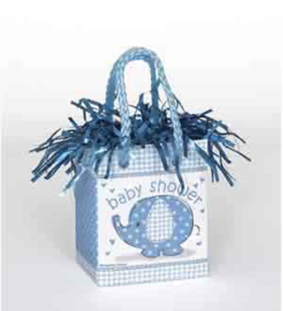 Blue gingham-patterned cube balloon weight with a stitched elephant graphic and "baby shower" text, topped with curly blue.