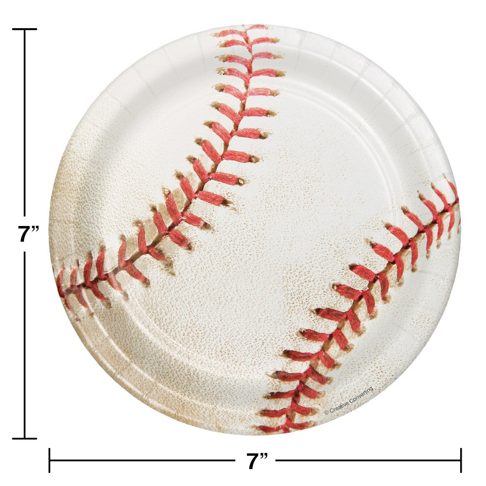 Round paper plate designed to look like a white baseball with red stitching, 7 inches wide.