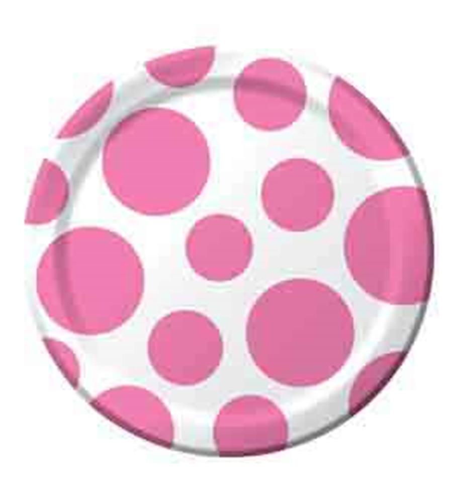 Round white plate with varying sizes of candy pink polka dots, 7-inch diameter.