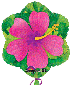Pink hibiscus foil balloon with green tropical leaves and yellow stamen detail, 18-inch round shape.