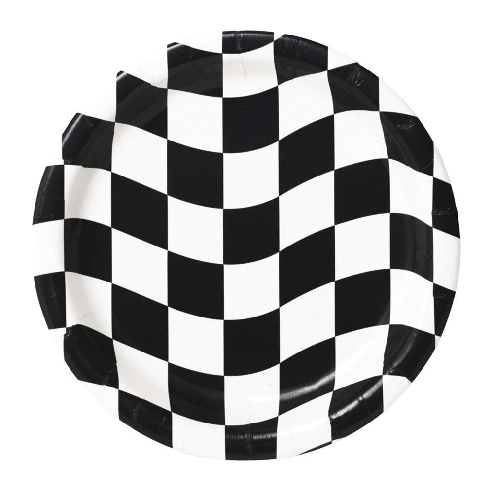 Round paper plate with black and white checkerboard pattern, 8-inch diameter, scalloped edges.