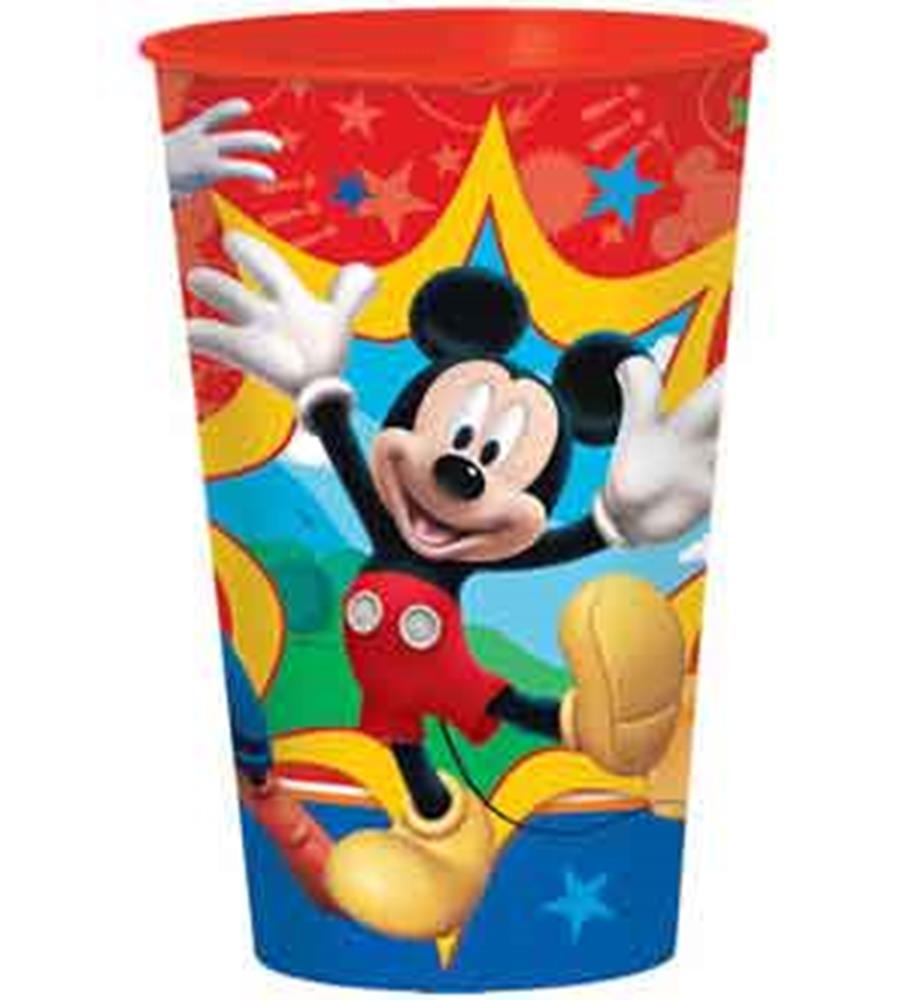 44oz red plastic cup featuring smiling Mickey Mouse with stars and colorful background designs.