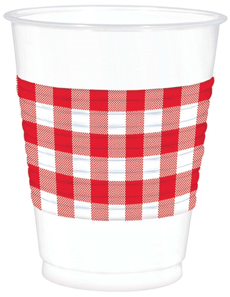 Clear plastic cup with a red and white checkered paper sleeve, 16-ounce capacity.