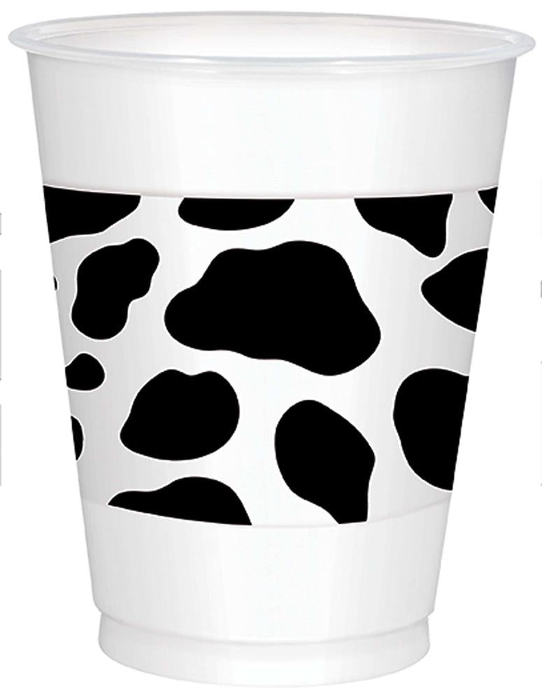 White plastic cup with black cow print band around the middle, 16-ounce capacity.