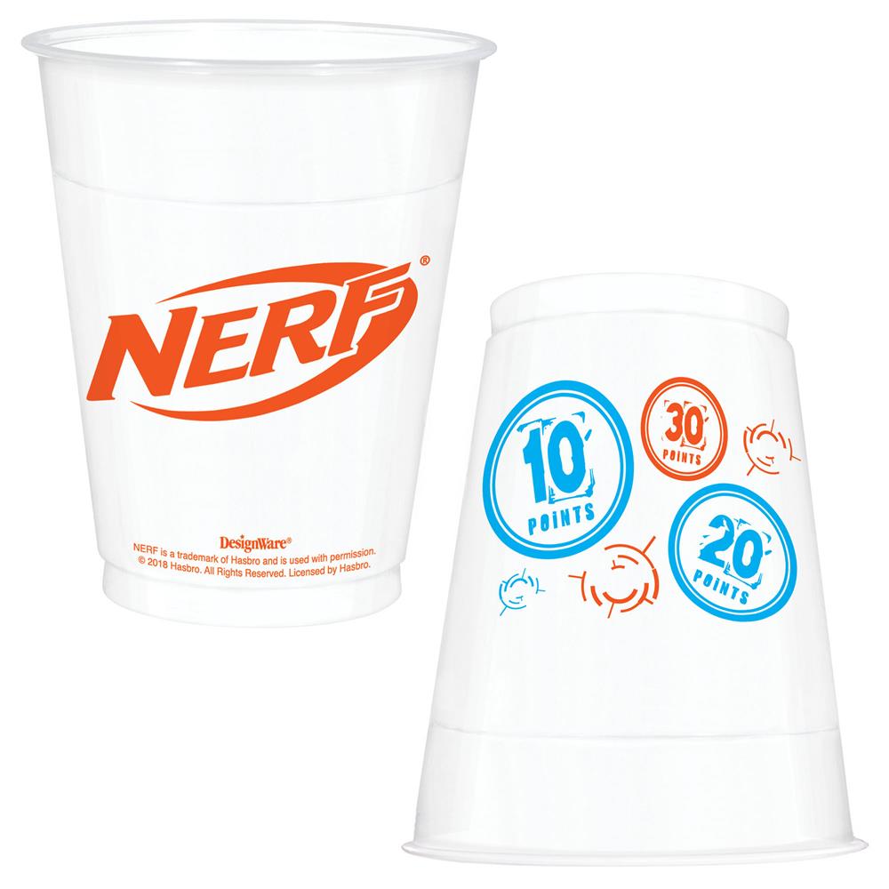 Clear plastic Nerf cups with orange logo and colorful point-scoring target designs on the sides.