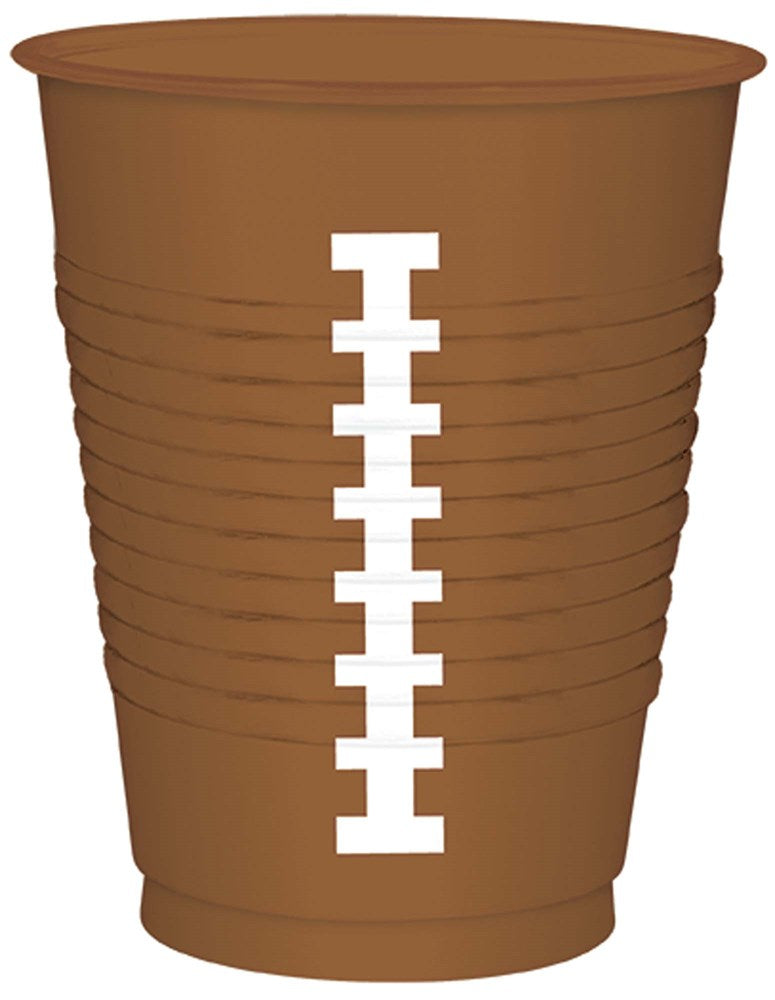 Brown plastic cup shaped like a football with white laces design, 16 ounces.