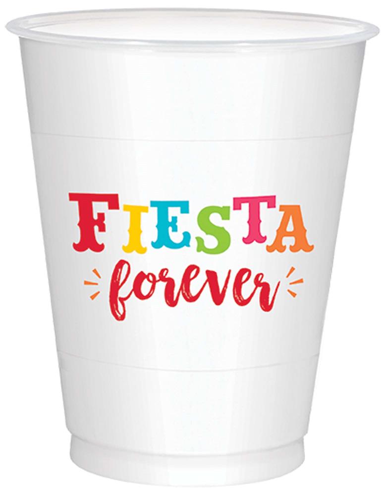 White plastic cup with colorful "FIESTA" text and red "forever" script, 16 oz capacity.