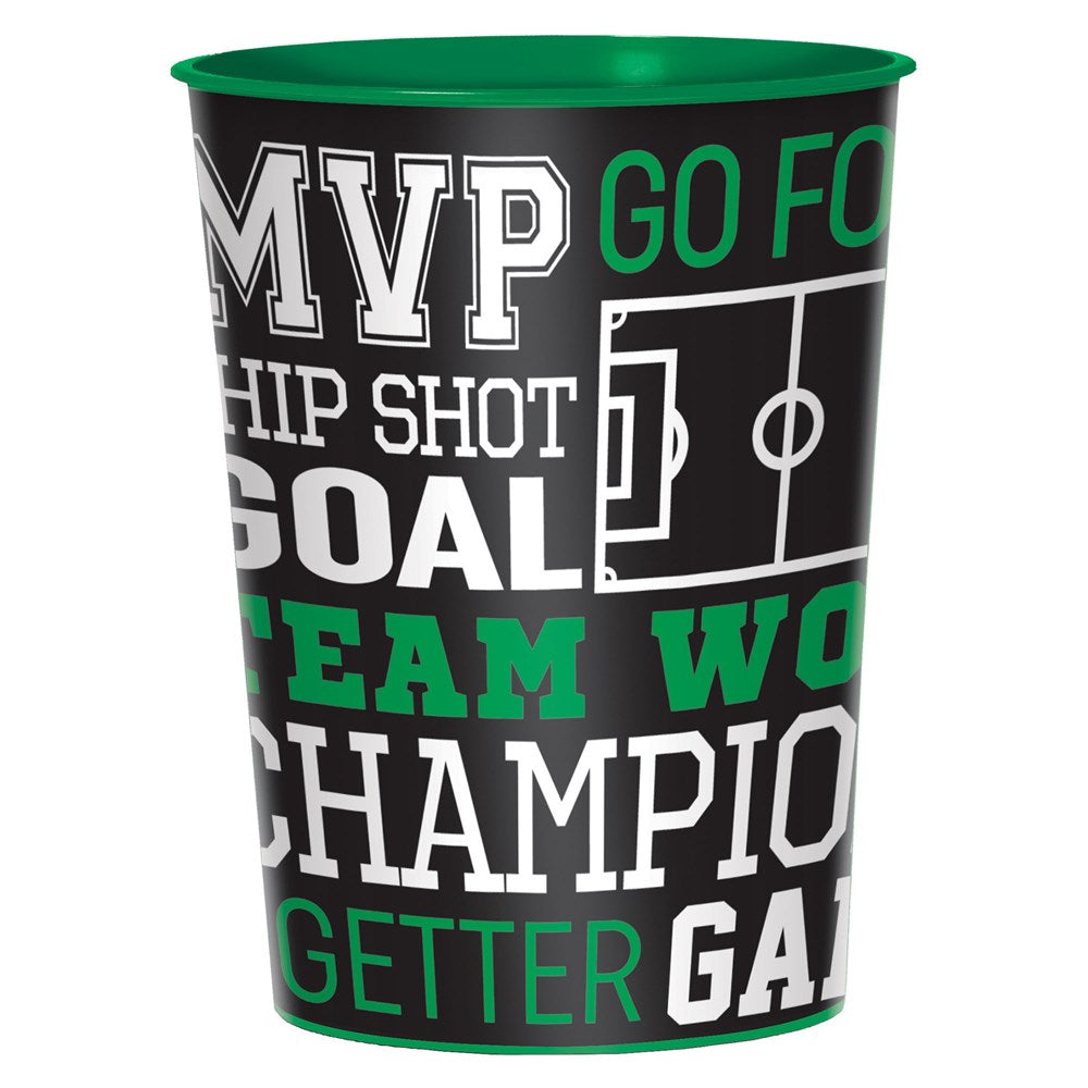 Black plastic cup with green interior, decorated with white and green sports-themed words and a soccer field graphic.