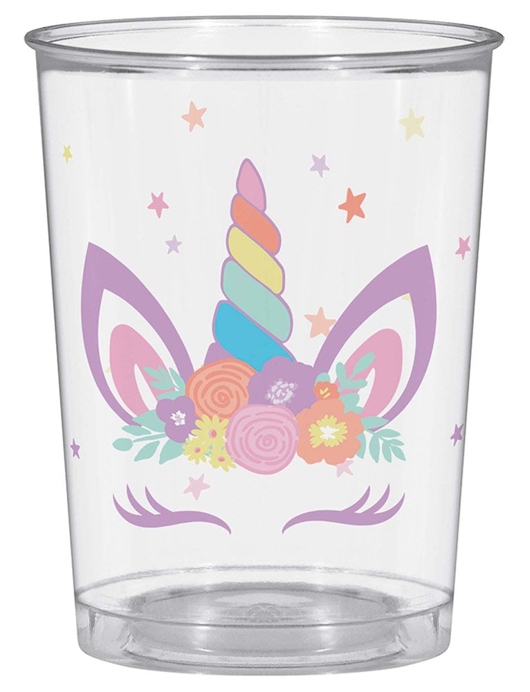 Clear 16oz plastic cup with colorful unicorn horn, ears, flowers, and star accents.