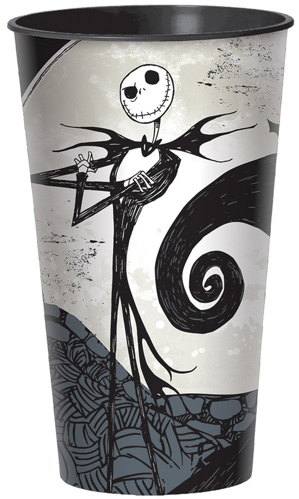 Tall black and white plastic cup featuring Jack Skellington from Nightmare Before Christmas with a spiral hill background.