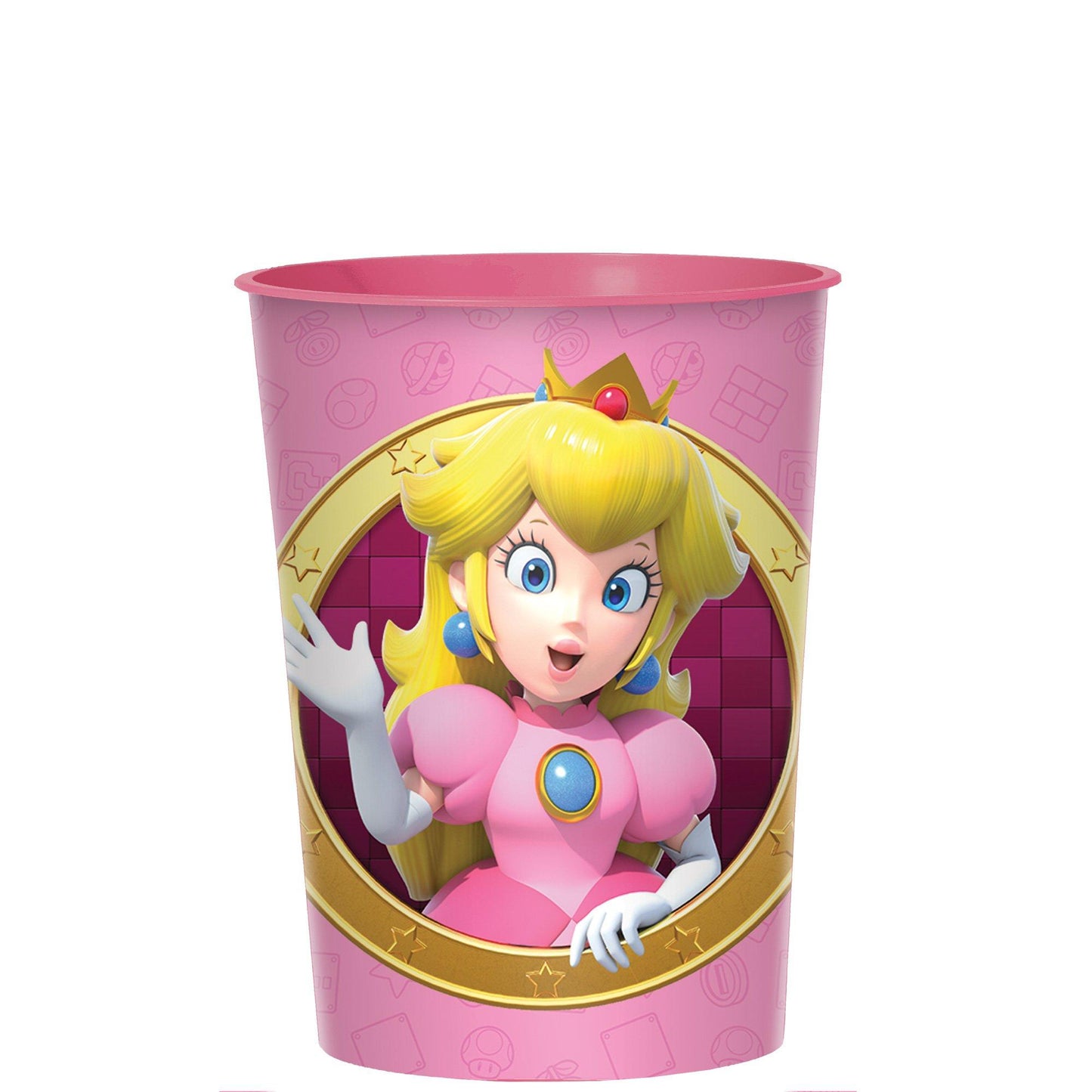 Pink plastic cup featuring Princess Peach with a gold crown and blue gem accents on the front.