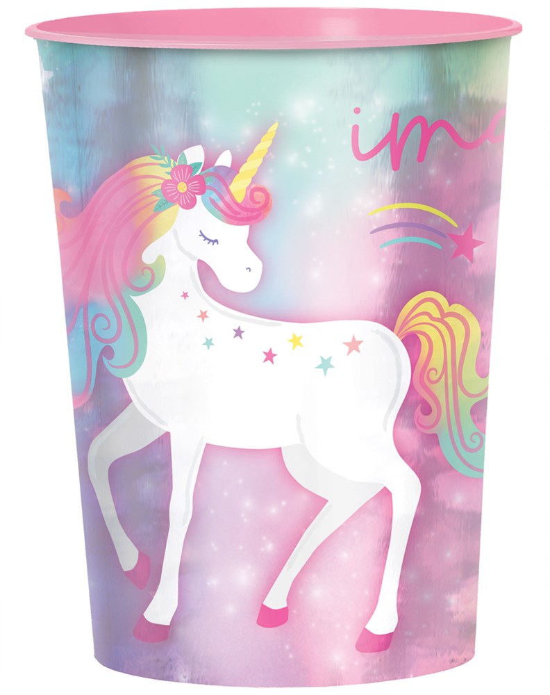 Metallic plastic cup with pastel rainbow background and white unicorn graphic with pink mane and golden horn.