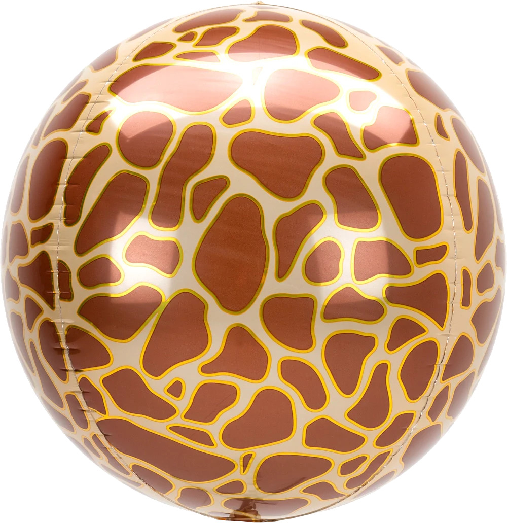 16-inch round inflatable balloon with brown and yellow giraffe print pattern.