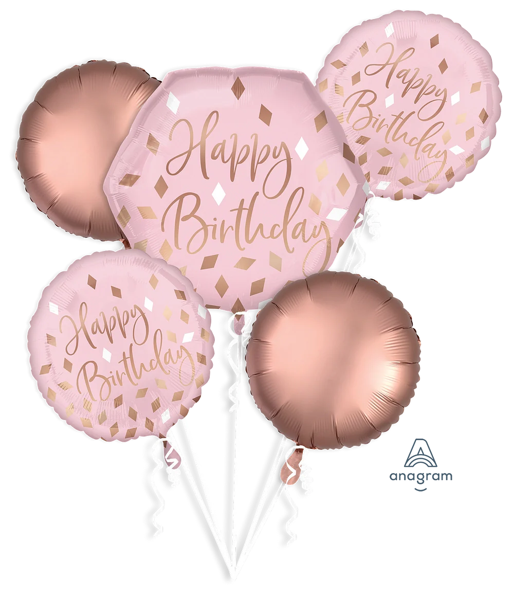 Five foil balloons in blush pink and rose gold, three with "Happy Birthday" text and confetti design, two solid rose gold.