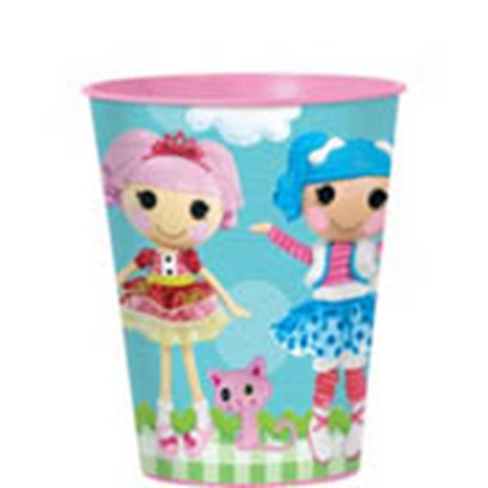 16oz bright blue plastic cup with Lalaloopsy dolls and a pink kitten, pink rimmed.