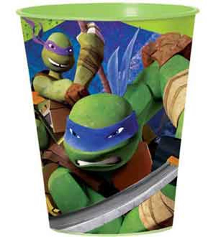 Green plastic cup featuring colorful Teenage Mutant Ninja Turtles characters in action poses.