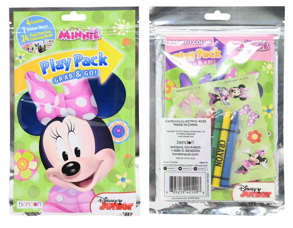 Minnie Mouse themed green play pack with pink bow and cartoon face, includes crayons and stickers.