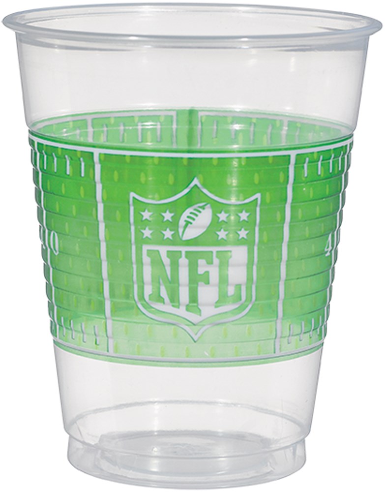 Clear plastic 16-ounce cup with green football field design and white NFL logo band around center.