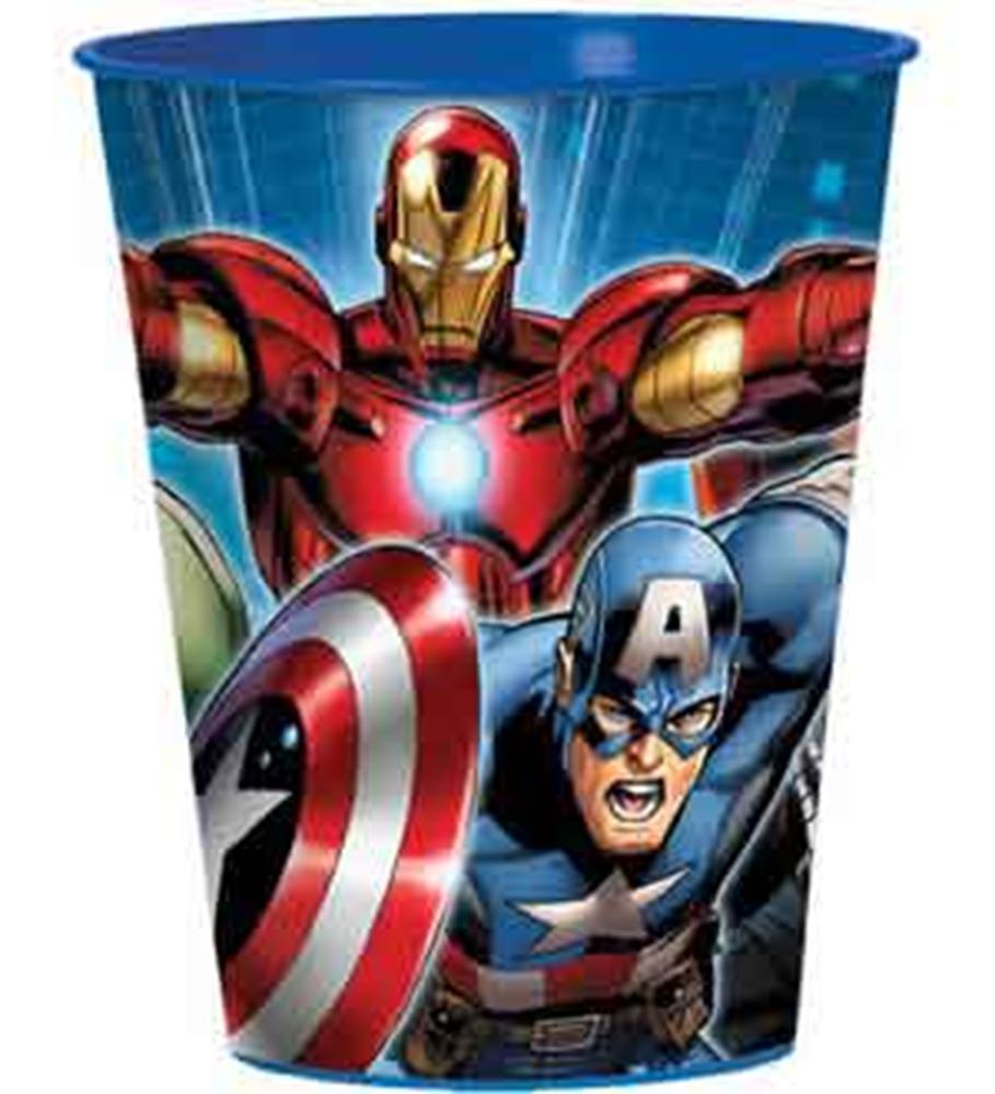 16oz plastic cup with Iron Man, Captain America, and Hulk Avengers superhero design.