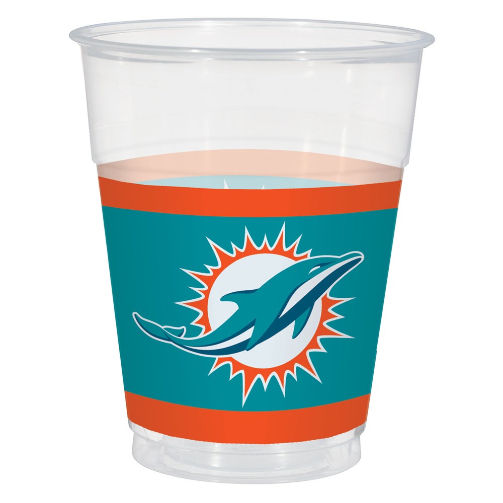 Clear plastic cup with teal and orange Miami Dolphins logo band around the middle.
