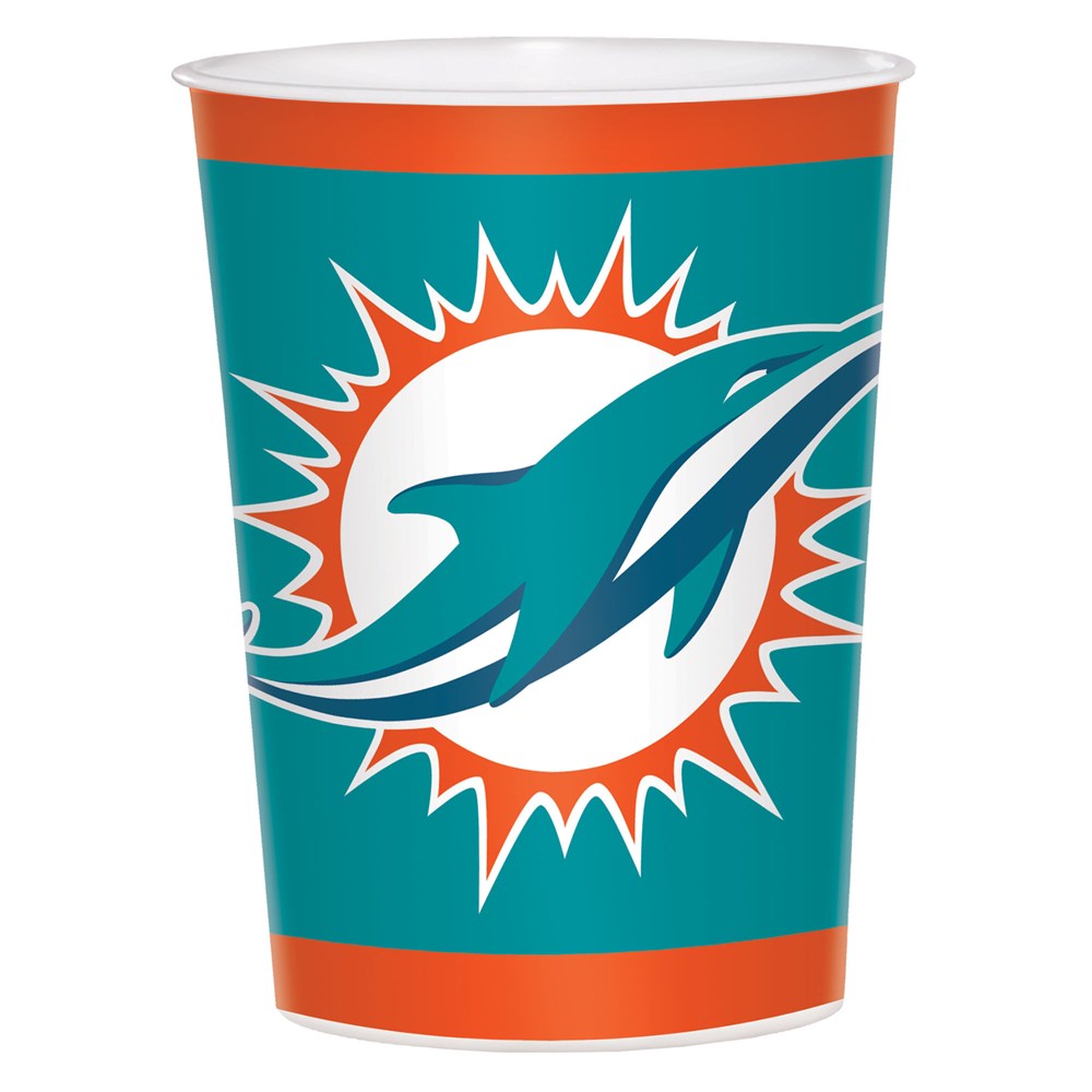 Teal plastic cup with orange rims featuring Miami Dolphins logo in white and orange sunburst design.