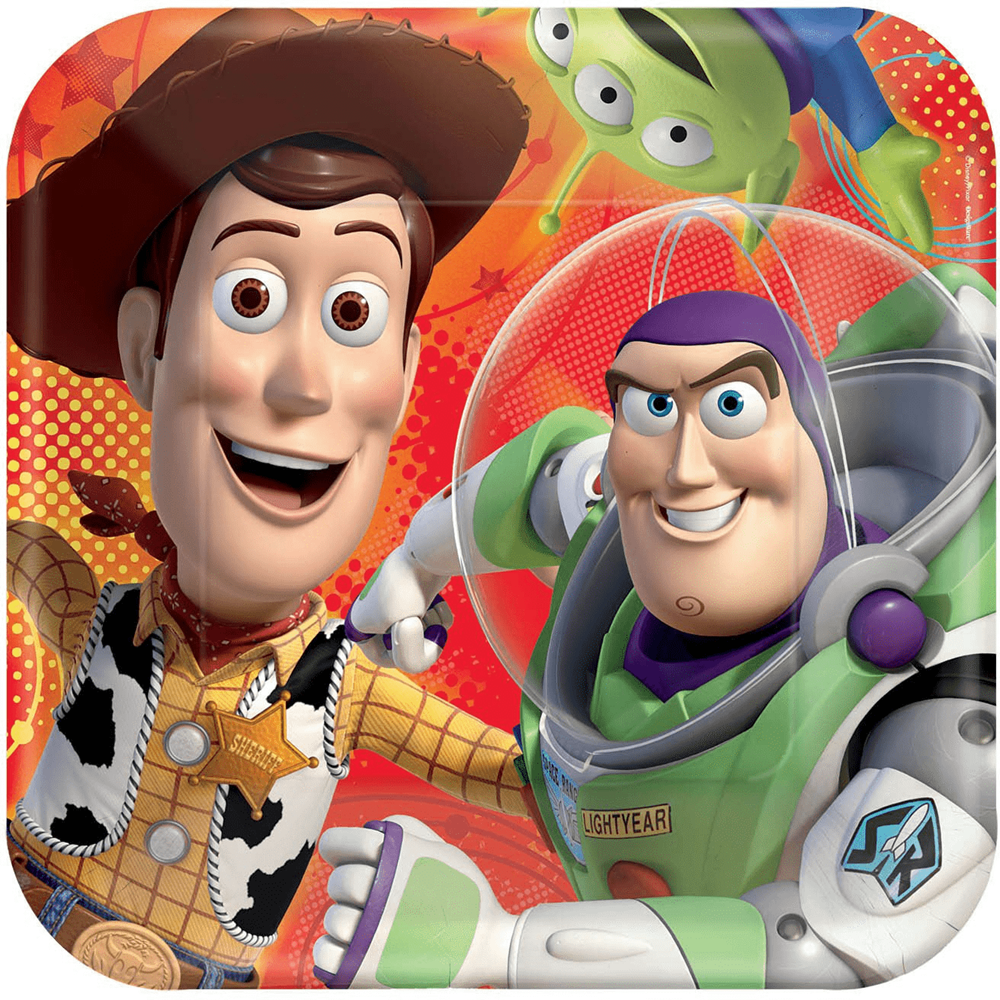 16oz clear plastic favor cup featuring Woody and Buzz Lightyear from Toy Story with colorful background.