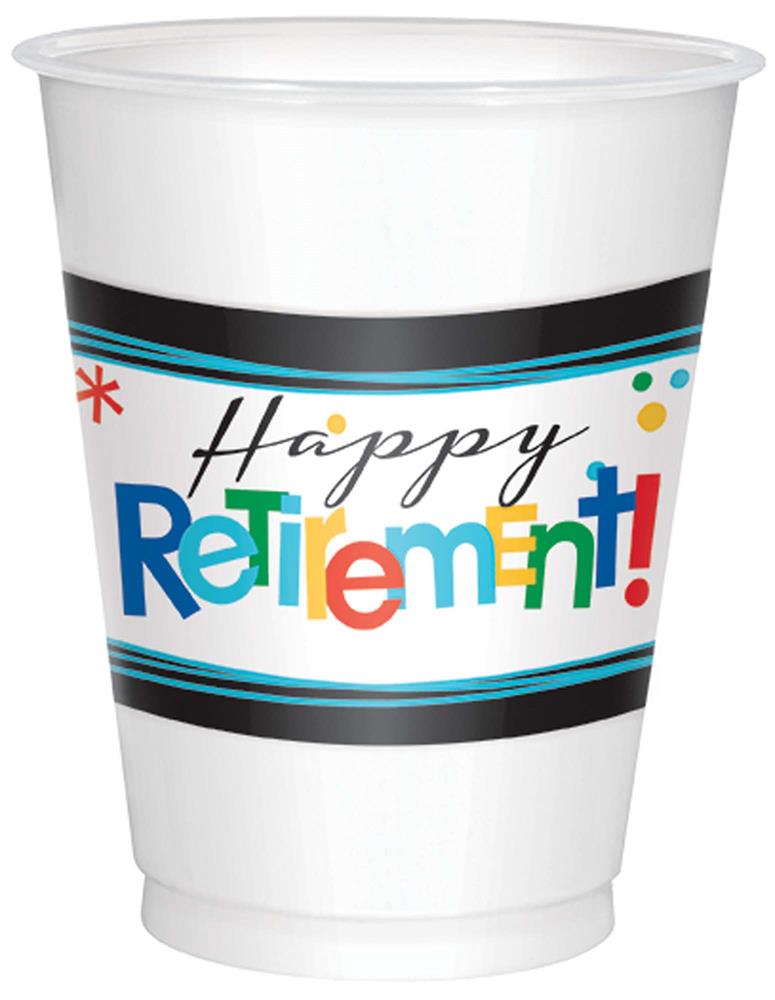 White plastic cup with colorful "Happy Retirement!" text and festive confetti design.