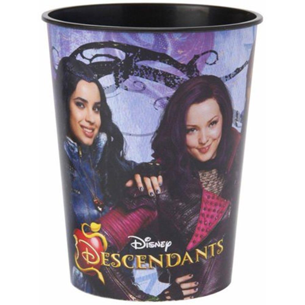 16oz plastic cup featuring Disney Descendants characters on a purple background with logo.