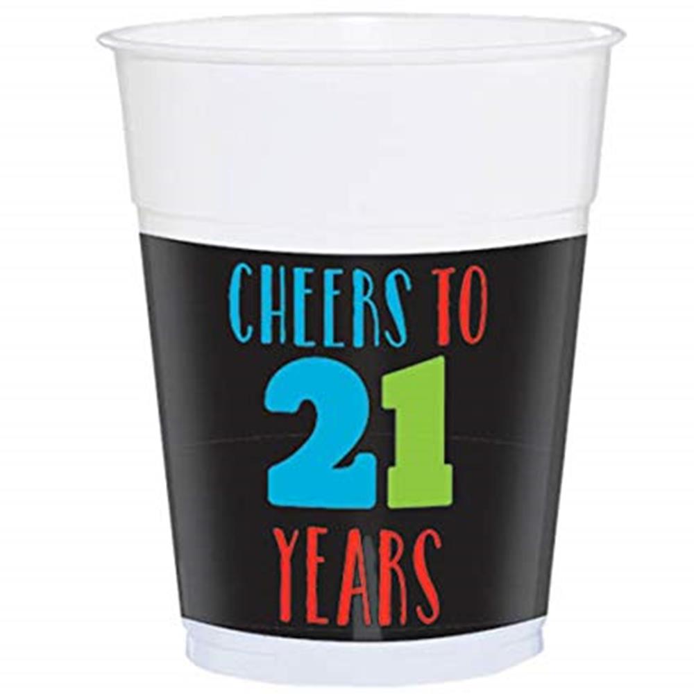 Clear plastic cup with black label reading "Cheers to 21 years" in colorful blue, green, and red letters.