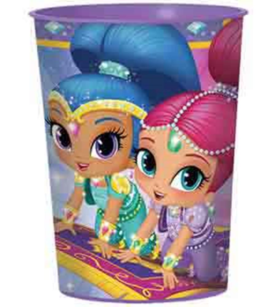 Purple 16oz plastic cup featuring colorful cartoon characters Shimmer and Shine on a magical carpet.